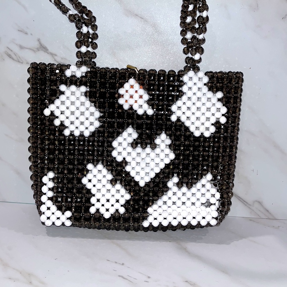 Susan Alexander moo beaded black and white top handle bag